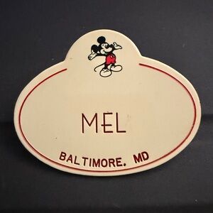 Disney Mickey Mouse Vintage 70-80’s Cast Member name tag- “Mel” Baltimore, MD